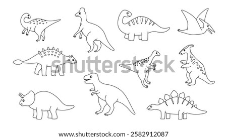 Set of outline dinosaur characters. Editable stroke. Design elements for print, greeting card, invitation, book. Isolated vector illustration