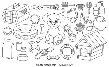 Conjunto de artículos para perros esquemáticos. Productos y accesorios para tienda de mascotas. Alimentos, juguetes, perreras y otros suministros para animales domésticos. Página de colorear para niños. Ilustraciones vectoriales aisladas al estilo de las caricaturas.