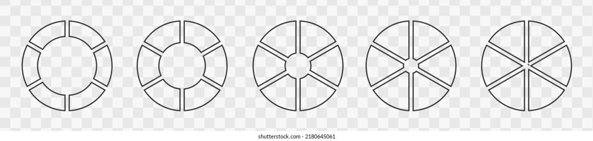 Conjunto de diagramas de esquema de líneas divididas en 6 partes iguales. Ruedas infográficas divididas en seis secciones. Diagramas de círculo o barras de carga aisladas en fondo transparente. Ilustración gráfica del vector