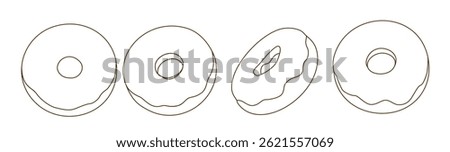 Set Of Outline Donuts With Glaze In Minimal Style, Perfect For Coloring Books, Icons, Bakery Design, Packaging, Menu Layouts And Line Art Food Illustrations