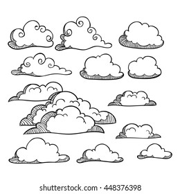 Set of outline or doodle art clouds on white background
