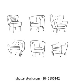 A Set Of Outline Doodle Chair Isolated On White Background. Armchair Sofa Icon Design. Vector Illustration.