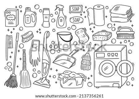 Set of outline doodle cleaning equipment. Washing machine, household chemicals, vacuum cleaner, towel, brush and gloves. Hand drawn laundry vector illustrations. Housework icon collection