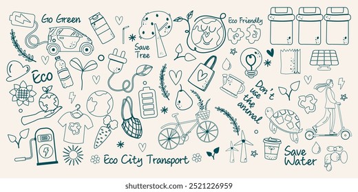 Set outline doodle ecology, bio elements letterings elements