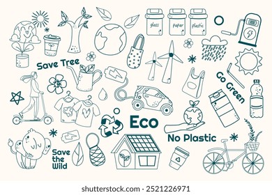 Set outline doodle ecology elements letterings elements