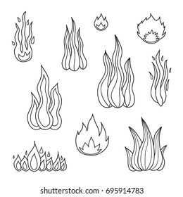 Set of outline doodle fire flames isolated on white background.