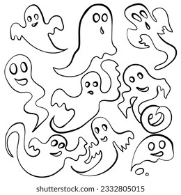 Set of outline doodle ghosts, spirits of various shapes for scary holiday vector illustration
