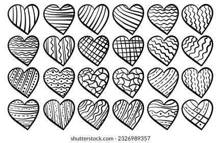 Set of outline doodle hearts with simple patterns, coloring page with symbols for Valentine's Day vector illustration