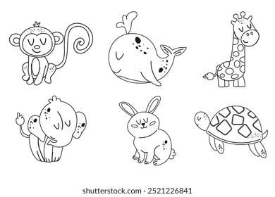 Set outline doodle of kawaii animal characters whale, giraffe, turtle, rabbit, elephant, monkey