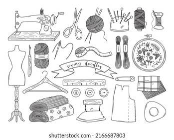 Set Of Outline Doodle Sewing Elements. Retro Machine, Embroidery Hoop, Threads, Yarn, Fabric, Iron, Needles. Hand Drawn Studio Vector Illustrations. Atelier Icon Collection