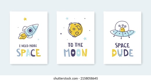 Set of outline doodle space posters. Collection of cute scribble vector prints for nursery wall art and apparel.