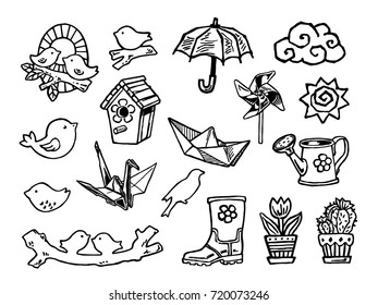 Set of outline doodle spring elements: sun, cloud, rubber boot, turntable, paper boat, crane, flower, pot, cactus, birdhouse, birds, umbrella. Hand drawn ink graphics. Vector illustration.