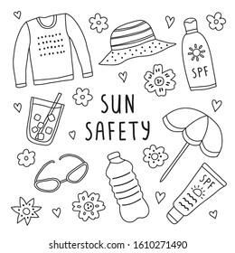 Set Of Outline Doodle Sun Safety Icons Isolated On White Background.