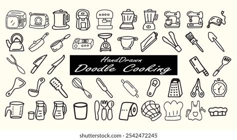 Conjunto de herramientas de cocina doodles de contorno, equipos de cocina sobre fondo blanco. Iconos de Elementos dibujados a mano. Ilustración de Vector