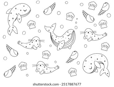 Conjunto de garabatos de contorno de animales marinos del océano. Icono del patrón del fondo, diseño del cómic de la historieta o libro lindo para los niños hay conchas, ballenas, focas, Vector del arrecife de coral