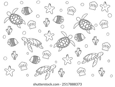 Conjunto de garabatos de contorno de animales marinos del océano. Icono de patrón de fondo, diseño de historieta de dibujos animados o libro lindo para niños hay conchas, estrellas de mar, tortugas, Vector de peces de arrecife de coral