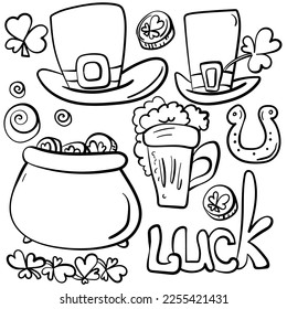 Set of outline doodles for St. Patrick's day, symbols of good luck in a simple linear style vector illustration