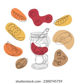 Set of Outline drawing elements of a glass cup with ingredients and spices for mulled wine. Vector.