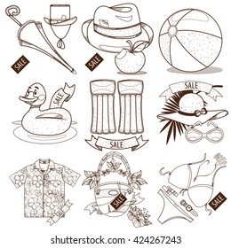Set of outline drawing of summer vacation resort. Sale of summer goods. Swimming mattress, umbrella, shirt, ball, swimsuit, hat.