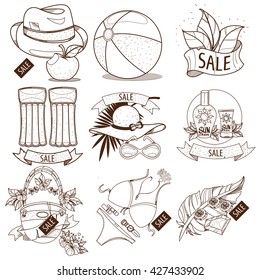 Set of outline drawing of summer vacation resort. Sale of summer goods. Swimming mattress, umbrella, shirt, ball, swimsuit, hat.