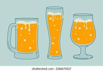 Set of outline drawings. Set of 3 different glasses of beer. Flat illustration for greeting cards, postcards, invitations, menu design. Line art template