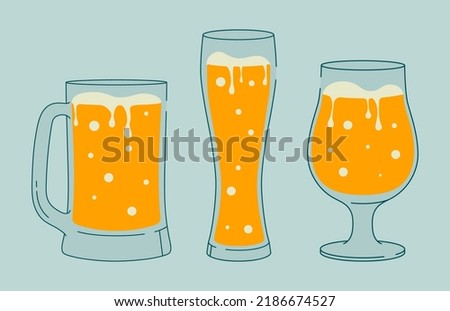 Set of outline drawings. Set of 3 different glasses of beer. Flat illustration for greeting cards, postcards, invitations, menu design. Line art template