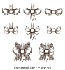 A set of outline drawings with a bow and needles. New Year's and Christmas decor. Decorative element for the holiday.