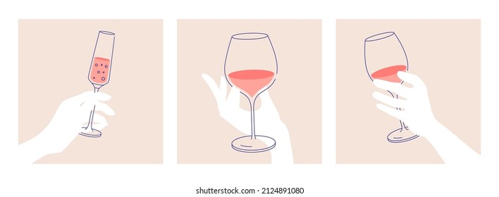 Set of outline drawings. Woman’s hand holding glass of white, red and sparkling wine. Flat illustration for greeting cards, postcards, invitations, menu design. Line art template