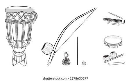 Set of outline drawings of musical instruments used in Brazilian sport music called Capoeira atabaque, berimbau, caxixi, agogo, pandeiro and reco-reco. Vector illustration used on white background.