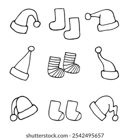 set of outline drawings of Santa socks and hats, hand drawn on a white background.