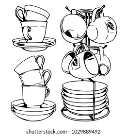 A set of outline drawings of tea and coffee cups.