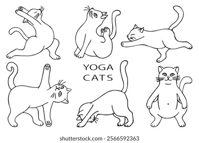 a set of outline drawings of yogi cats, hand-drawn in a cartoon style.