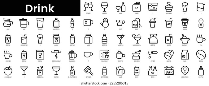 Juego de iconos de bebidas de esquema. Conjunto de iconos de la web lineal delgada y minimalista. ilustración vectorial.