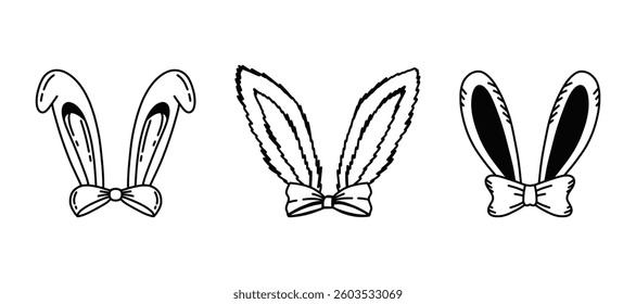 Set of outline Easter Bunny Ears. Easter illustrations - cute Rabbit Ears isolated on white background. Hand drawn Bunny Ears with bows set for greeting cards, festive elements. Party head accessory