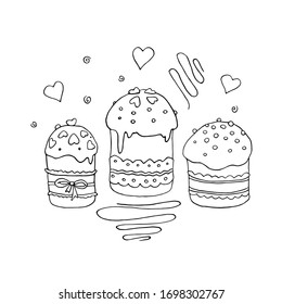 Set of Outline Easter cakes or sweet bread or Paska. Simple hand drawn vector illustration. Traditional orthodox food in contour doodle cartoon style for coloring book, spring, holiday, greeting card