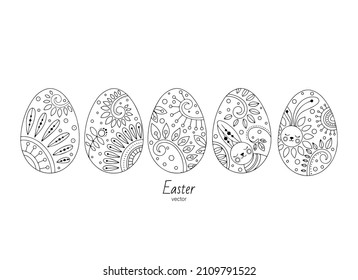 Juego de esquemáticas Huevos de Pascua sobre fondo blanco. Un elemento de diseño para Pascua. Colorido de la página.