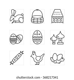 Set of the outline easter icons on the white background