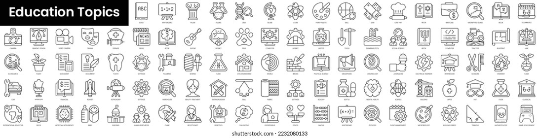 Conjunto de iconos de temas educativos de esquema. Conjunto de iconos de la web lineal delgada y minimalista. ilustración vectorial.