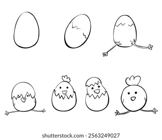 set of outline eggs and chickens, cute doodle style vector illustrations for Easter decor or activity