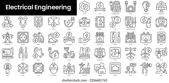 Conjunto de iconos de ingeniería eléctrica de contorno. Conjunto de iconos de la web lineal delgada y minimalista. ilustración vectorial.