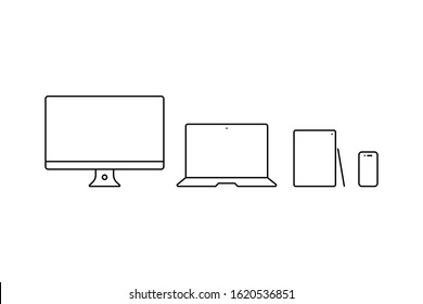 set of outline electronic devices. concept of internet, wifi, www media, responsive webdesign. learning css, html. symbol of friendly ui for modern pc. usability image isolated on white background