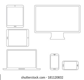 Set of outline electronic devices. Laptop, tablet, smartphone and computer vector illustrations.