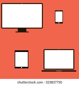 Set of outline electronic devices. Laptop, tablet, smartphone and computer vector illustrations