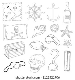Set of outline elements for coloring book. A collection of objects for a pirate party on a white background. Hand drawing in cartoon style. Vector illustration.