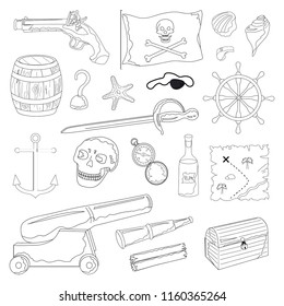 Set of outline elements for coloring book. Collection of objects for a pirate party on a white background. Hand drawing in cartoon style. Vector illustration.