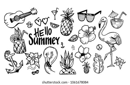 Set of outline elements for summer holiday, beach, tropic. Vector illustration. Hand drawn style