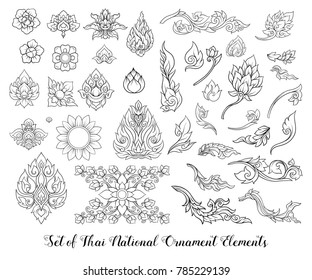 Set Of Outline Elements Of Traditional Thai Ornament. Stock Vector Illustration.

