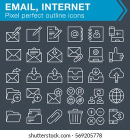 Set of outline email and internet icons for mobile apps and web design. Editable stroke.