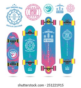 Set of outline emblems and nature textures on longboard. Graphically print, variety form and bright colors