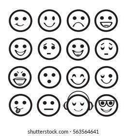 Set of Outline Emoji Icons. Different Emotional Expressions in Flat Design. Vector Illustration